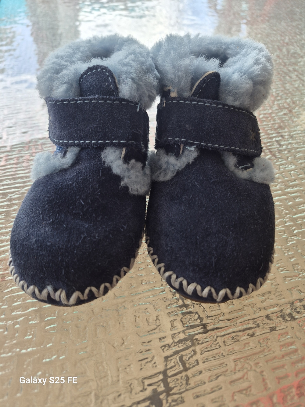 L.L. Bean Navy Suede Baby Moccasins with Light Blue Plush Cuff